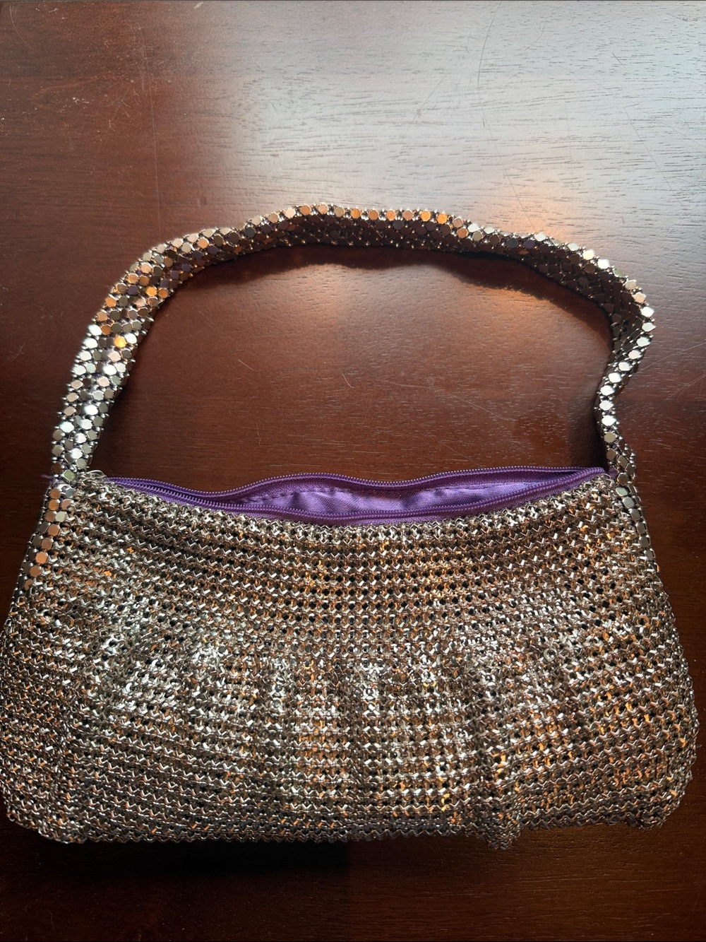 Liz Silver Mesh Clutch with Purple Lining